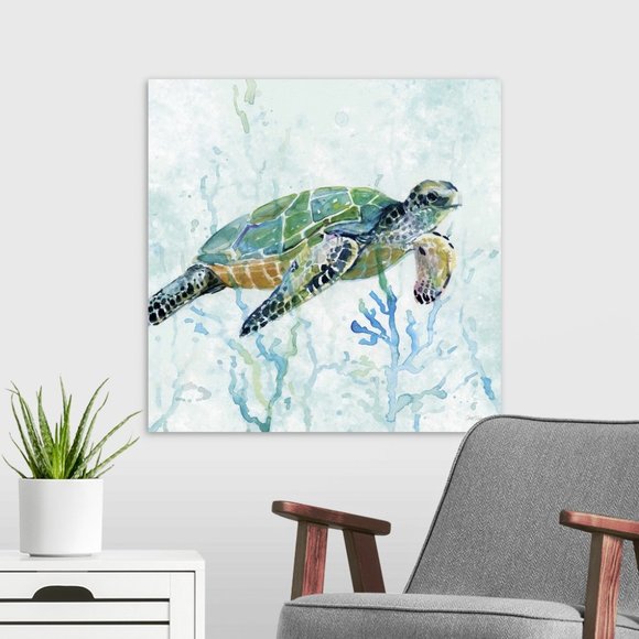 Carol Robinson Blue Sea Turtle Swim Canvas Wall Art 24" x 24" Framed🆕⌚📦🏃🏻⚡ - Picture 4 of 13
